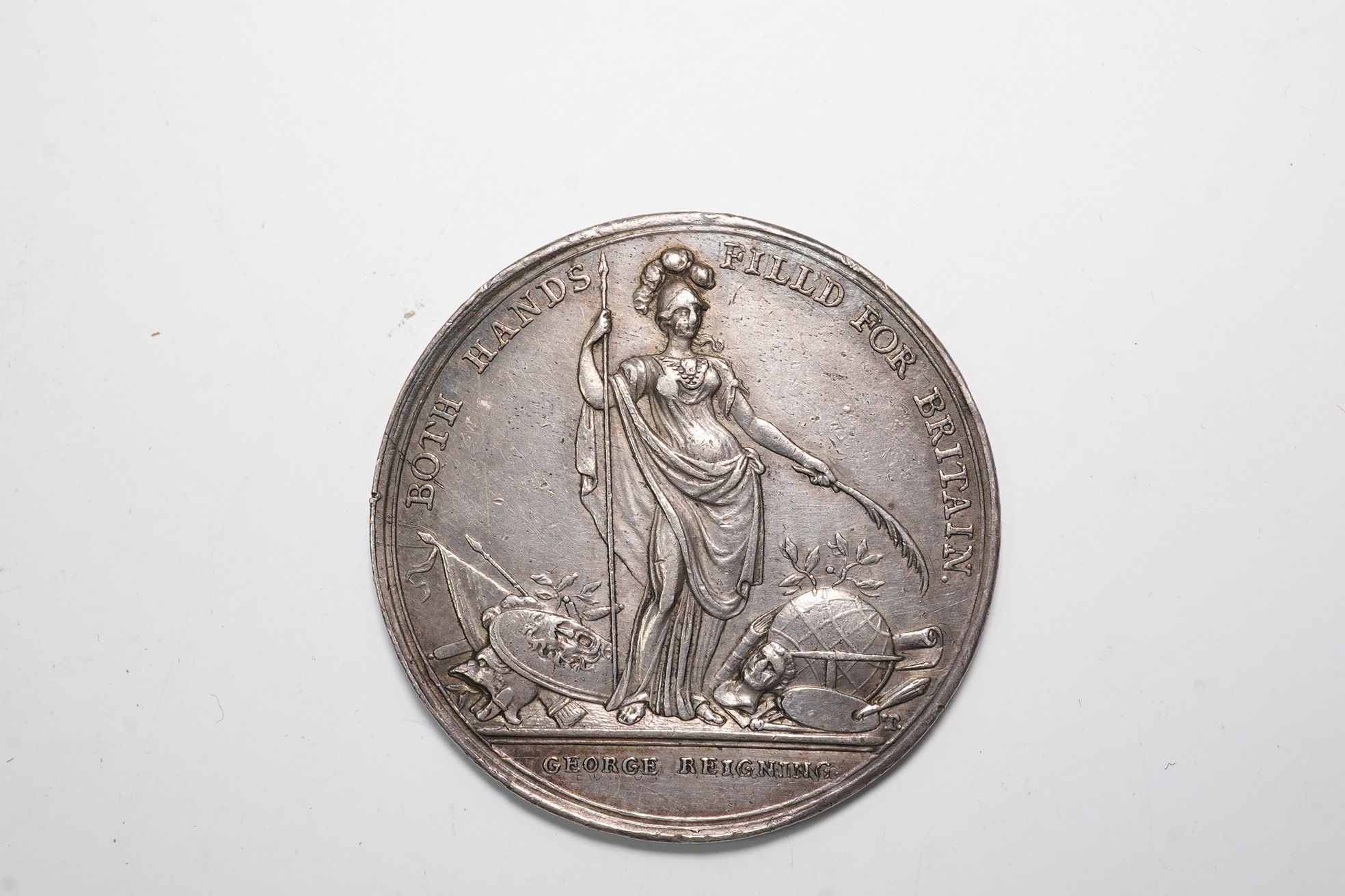 British Historical Medals, Jernegan’s Lottery, 1736, a silver medal by J.S. Tanner, Minerva standing, rev. Queen Caroline watering a grove of palm trees, 39mm, (MI ii, 517/72; W. 1714; E. 537), VF